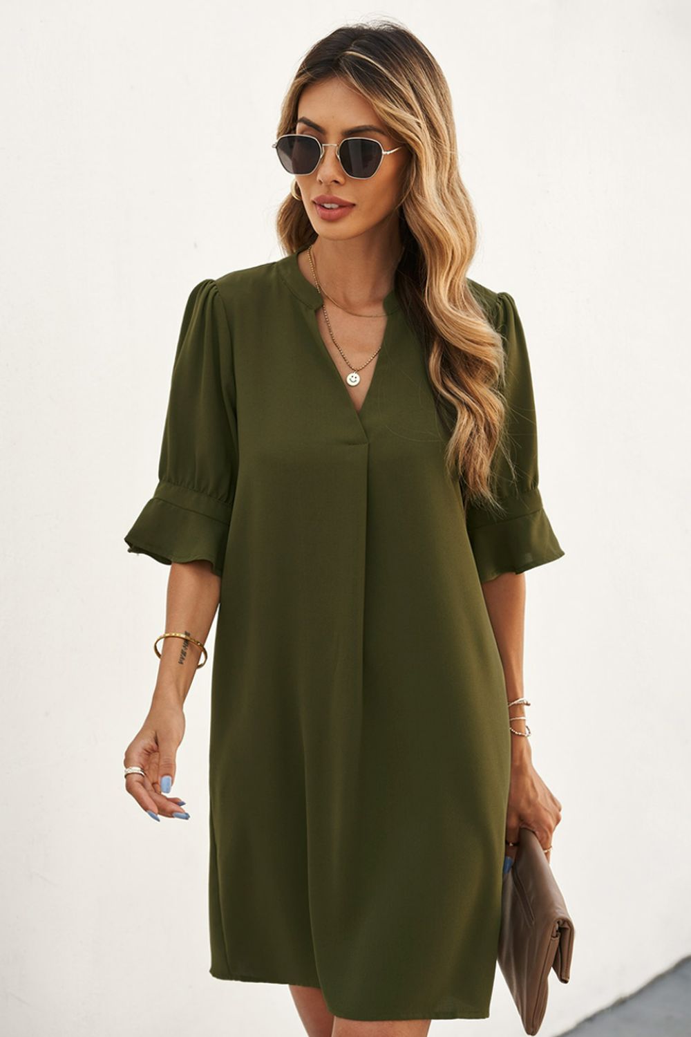 Puff Sleeve Notched Mini Shift Dress