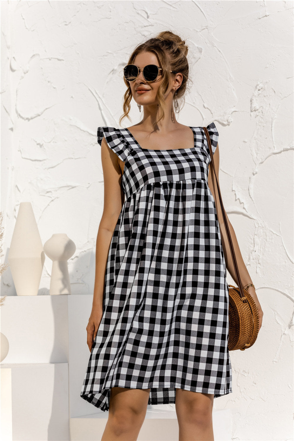 Plaid Ruffle Sleeve Square Neck Dress