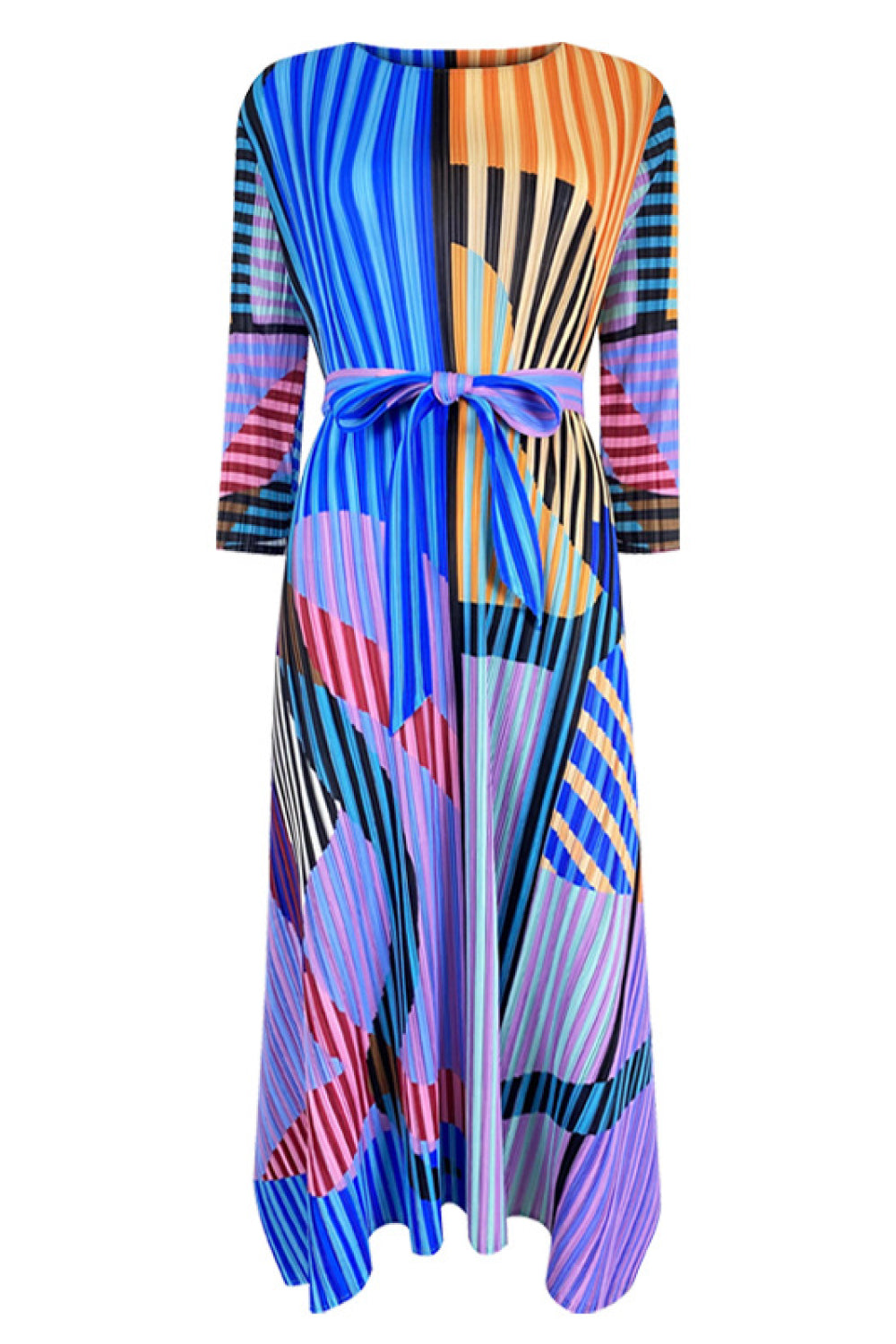 Mixed Print Accordion Pleated Belted Side Slit Dress