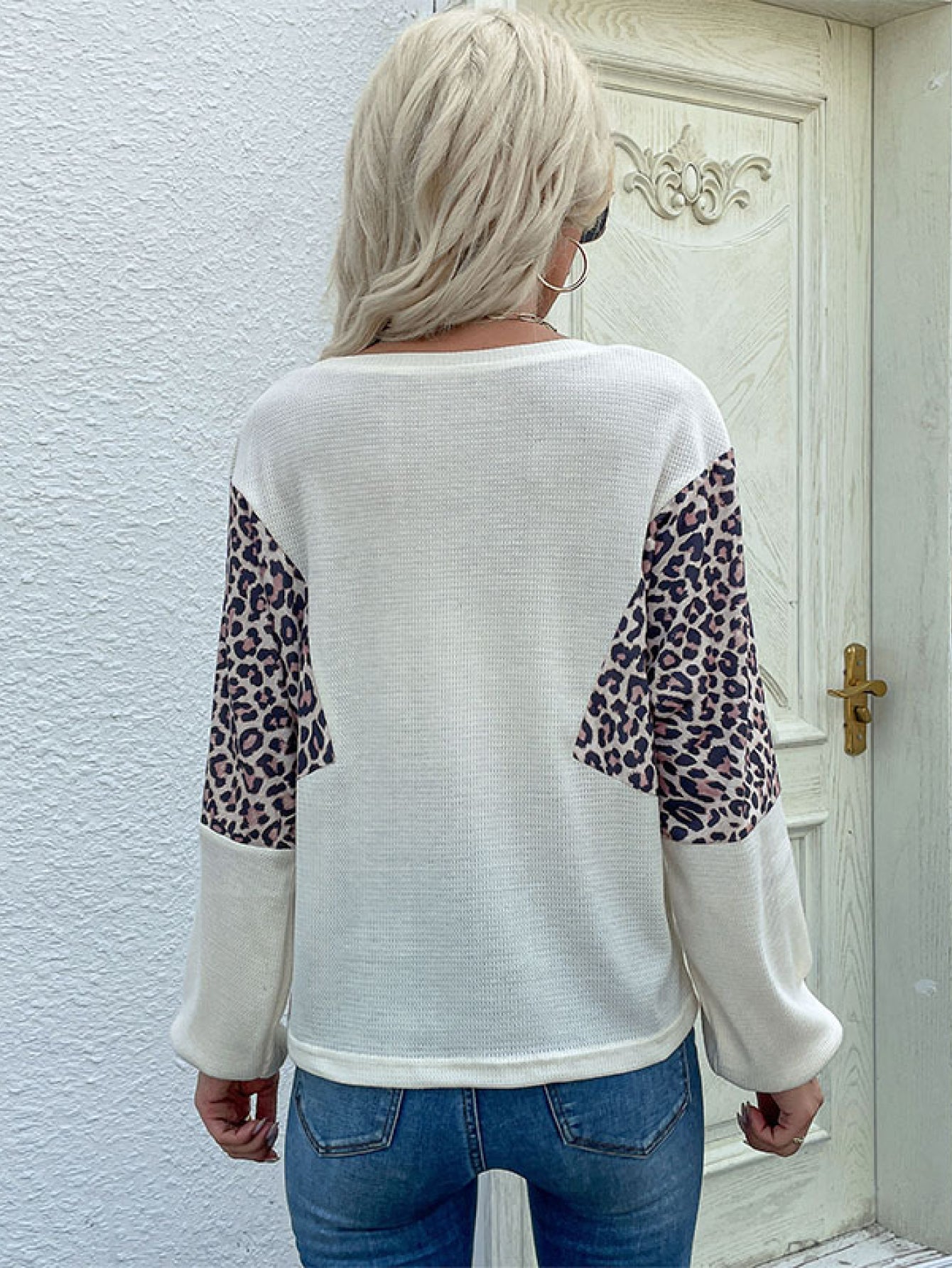 Leopard Color Block Waffle Knit Top