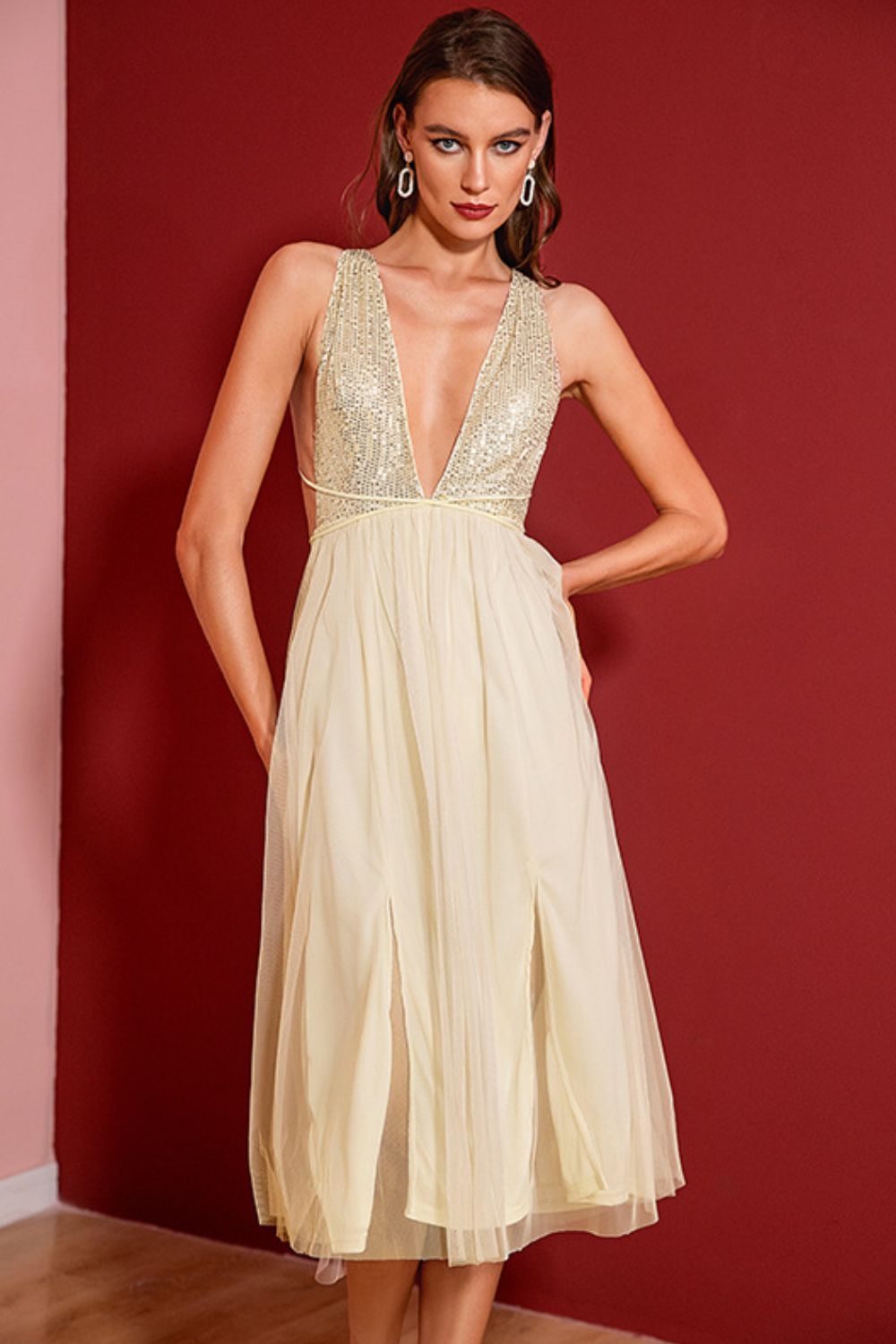 Sequin Slit Deep V Sleeveless Dress