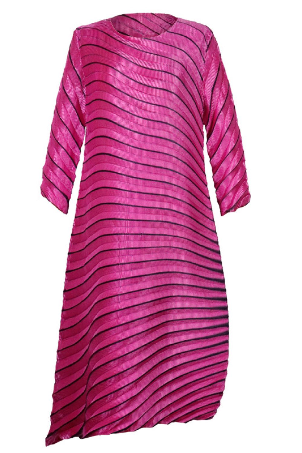 Striped Asymmetrical Pleated Round Neck Midi Dress