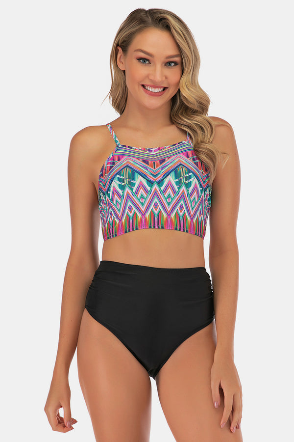 Printed Lace Up High Waist Tankini Set