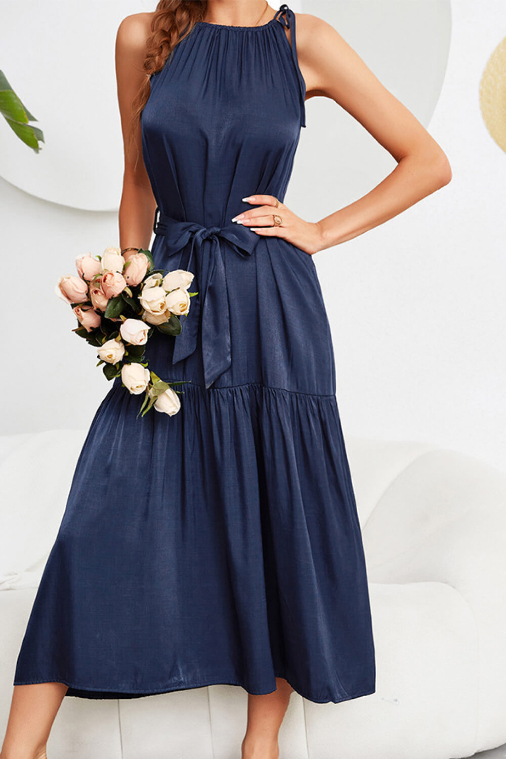 Tie-Waist Sleeveless Ruffle Hem Maxi Dress