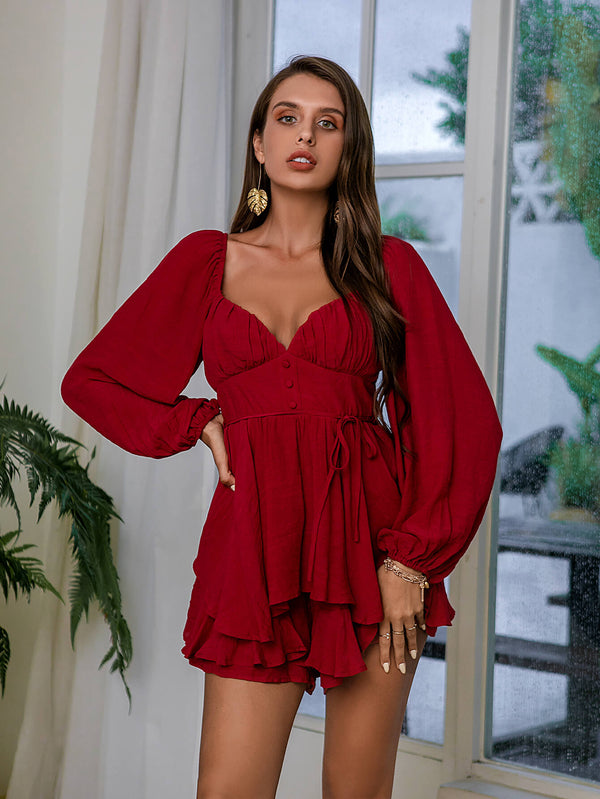 Ruffled Balloon Sleeve Smocked Back Romper