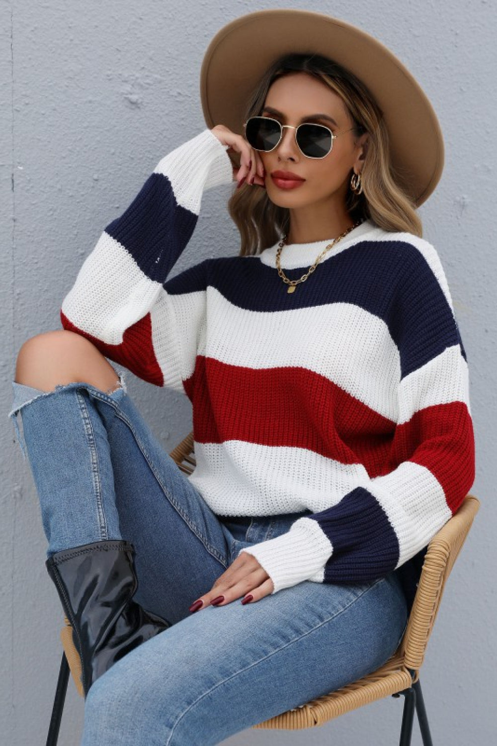 Color Block Long Sleeve Ribbed Sweater