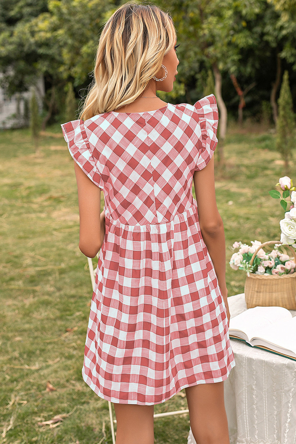 Plaid Butterfly Sleeve V-Neck Dress