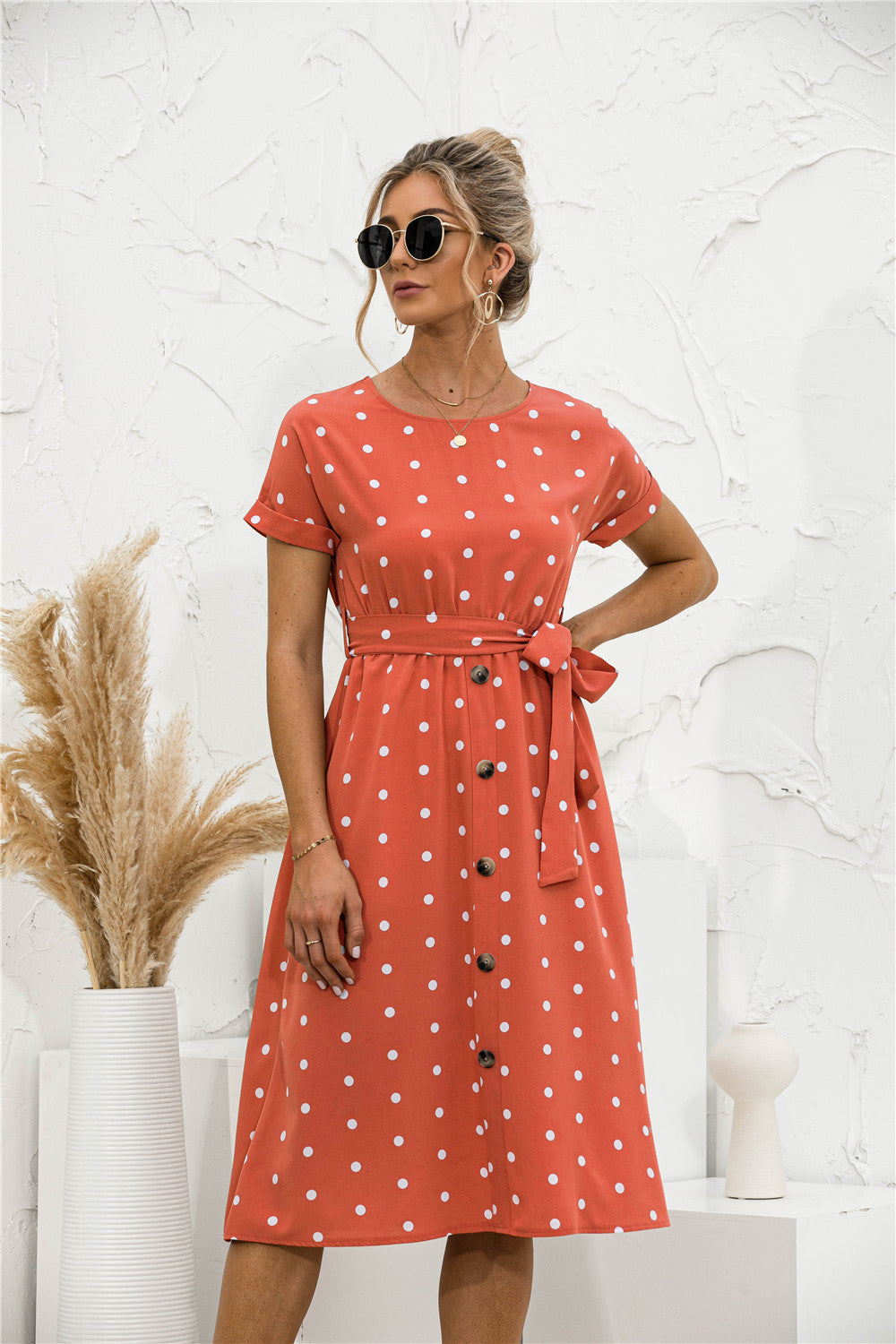 Polka Dot Button down Belted Dress