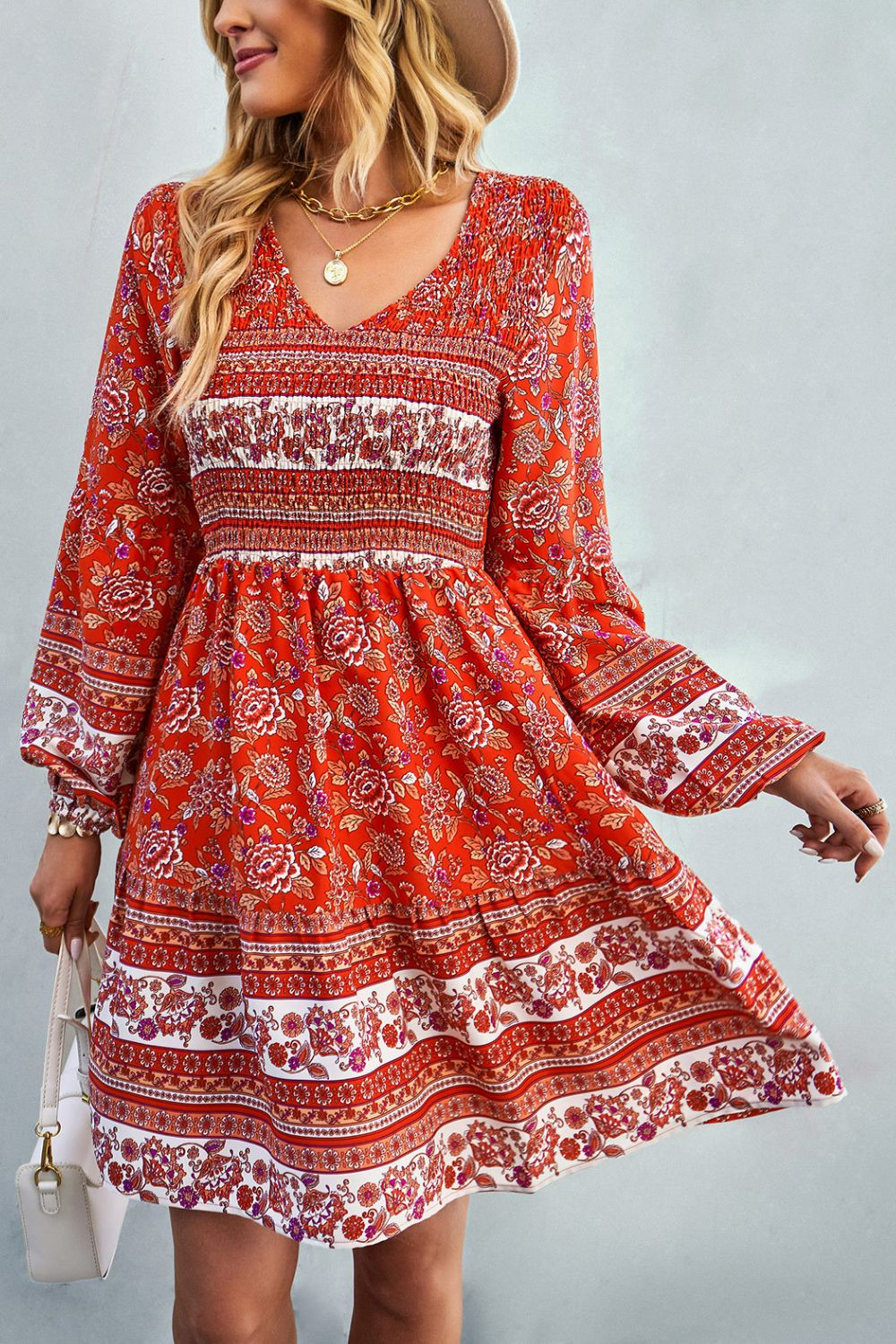 Bohemian V-Neck Balloon Sleeve Dress