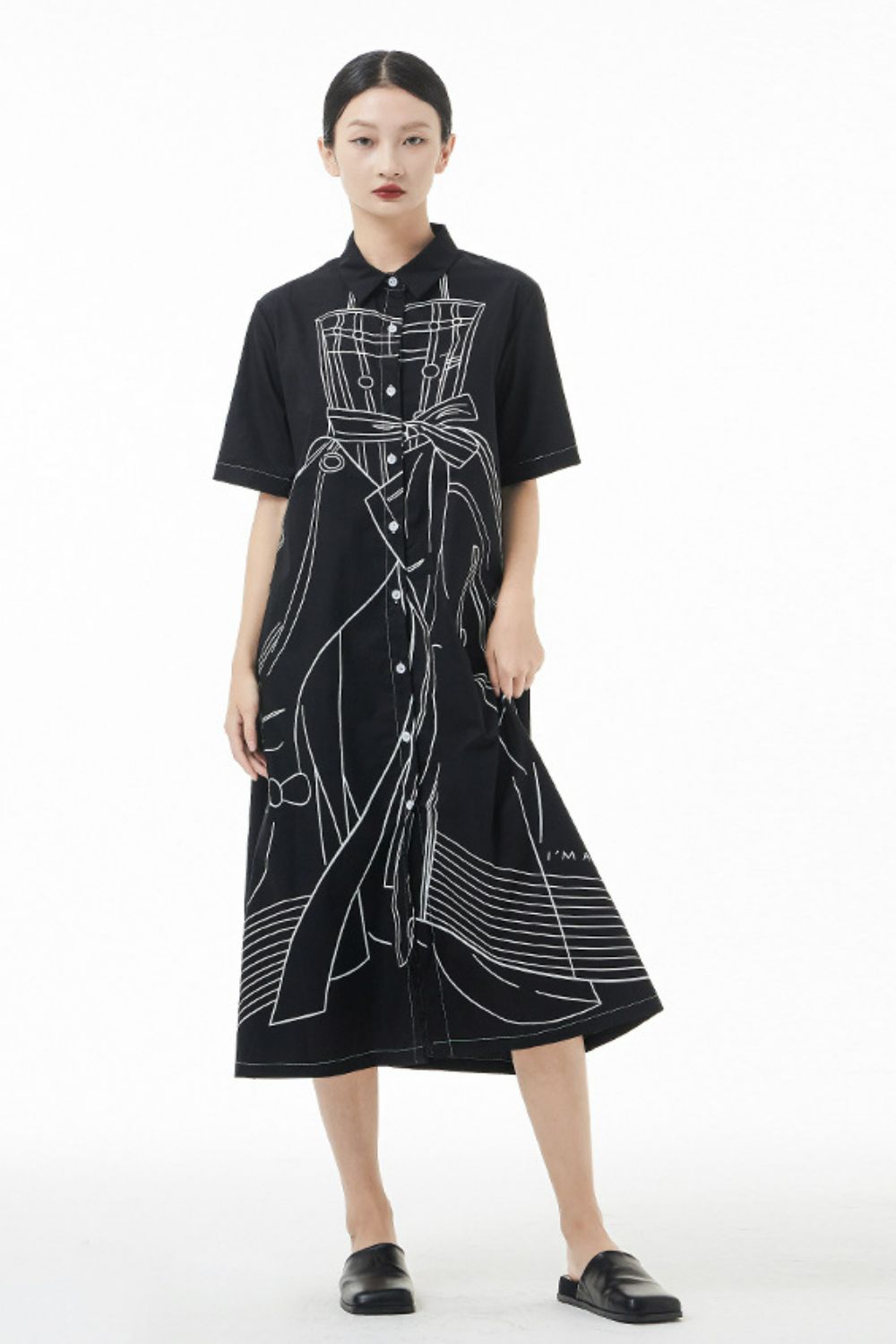 Graphic Button Front Midi Shirt Dress