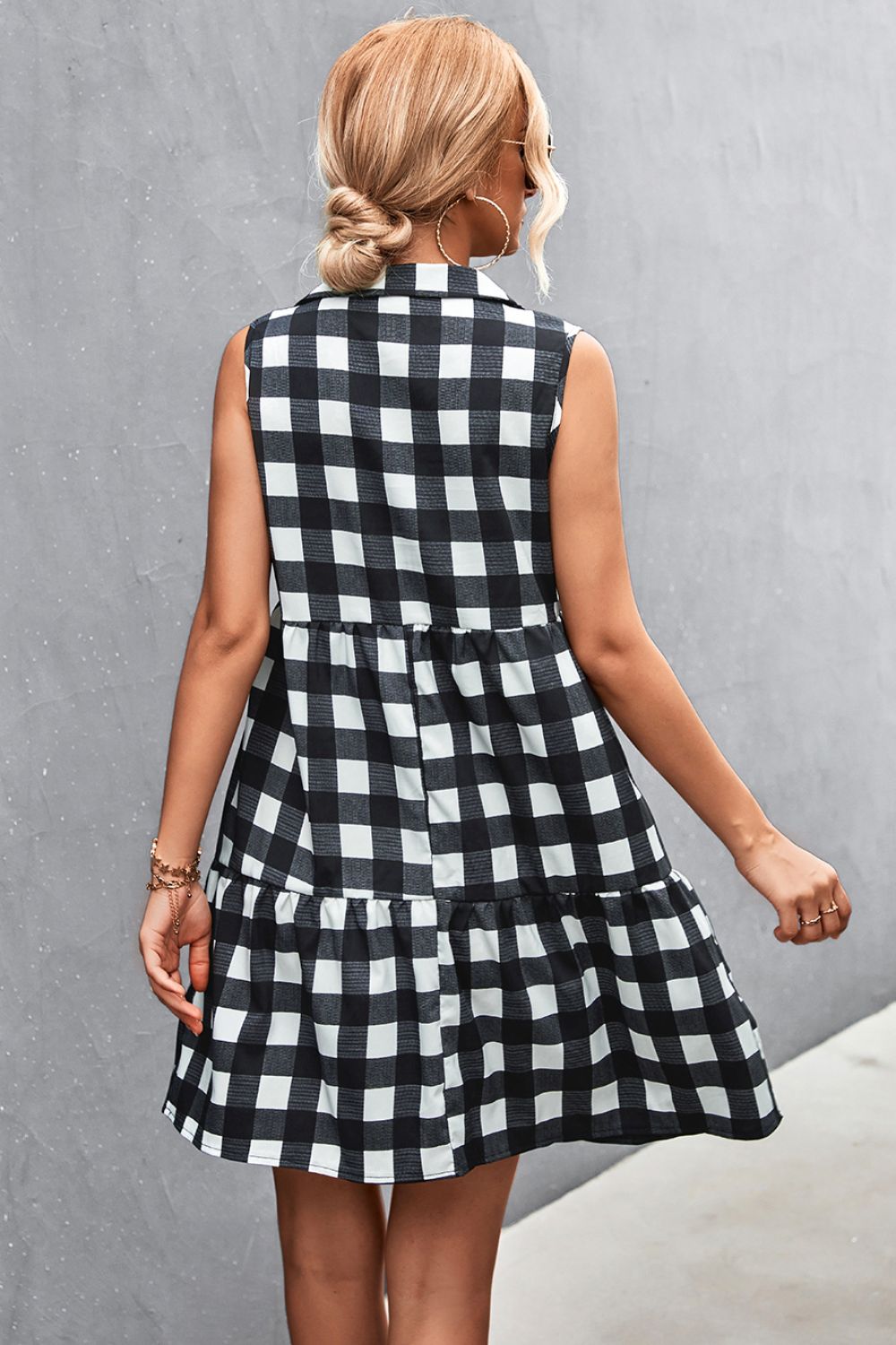 Plaid Tiered Sleeveless Johnny Collar Dress