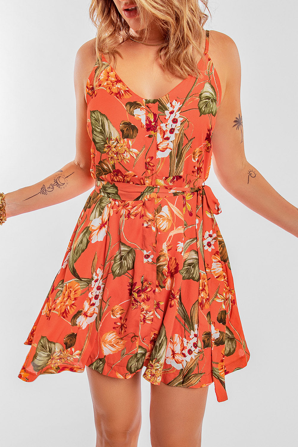 Floral Tie Waist Spaghetti Strap Mini Dress