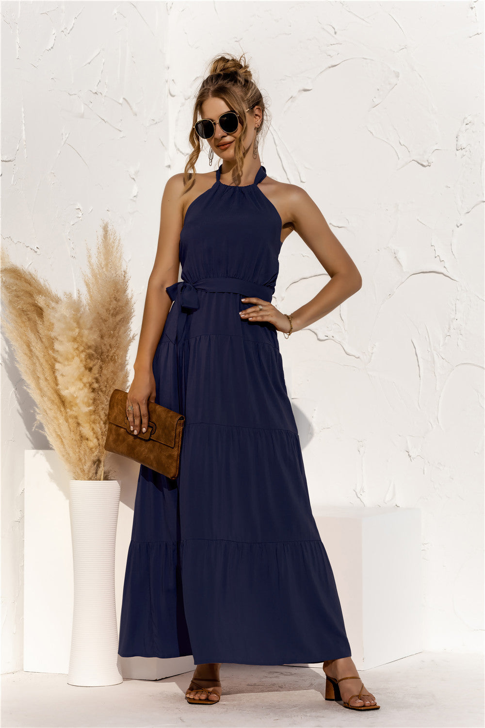 Halter Belted Tiered Maxi Dress