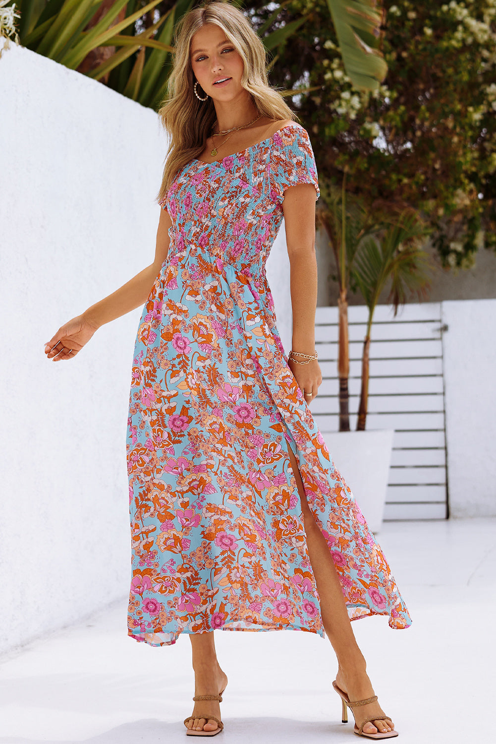 Floral Crisscross Smocked Off-Shoulder Dress