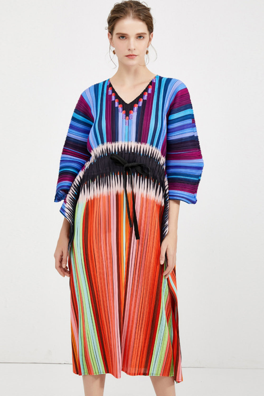 Mixed Stripes Accordion Pleated Dolman Sleeve Midi Dress