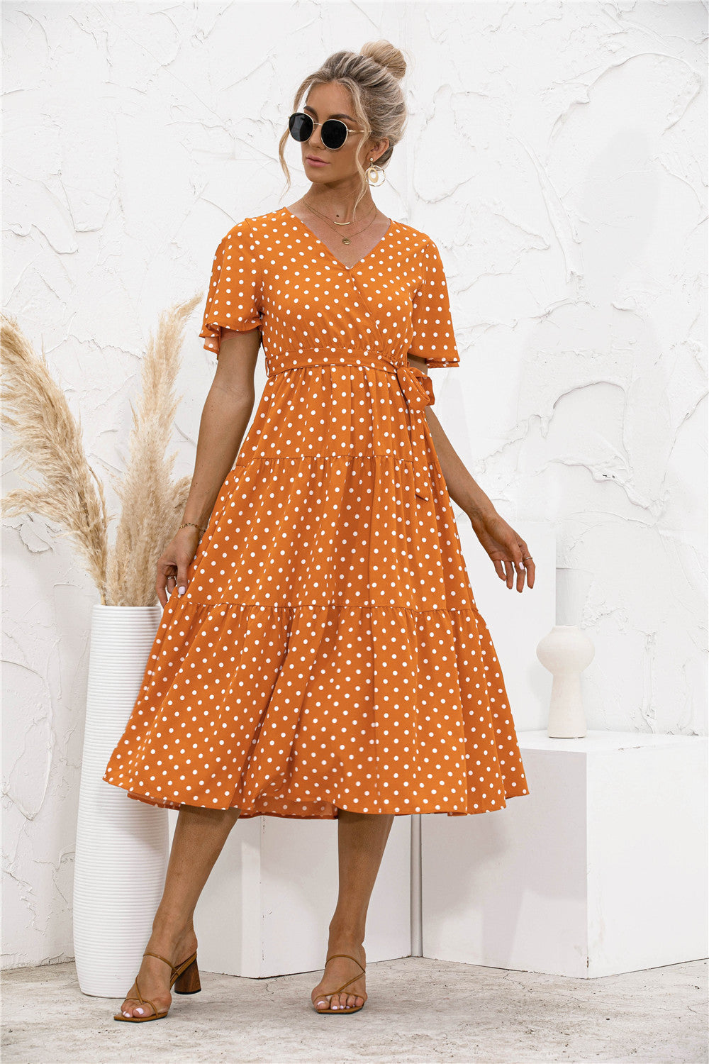 Polka Dot V Neck Belted Dress