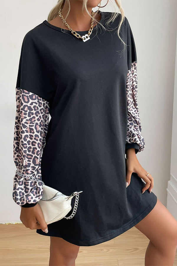 Leopard Print Sleeve Sweatshirt Dress