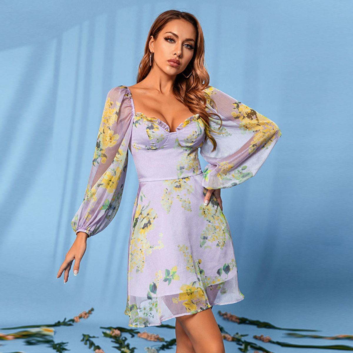 Floral Mesh Balloon Sleeve Mini Dress