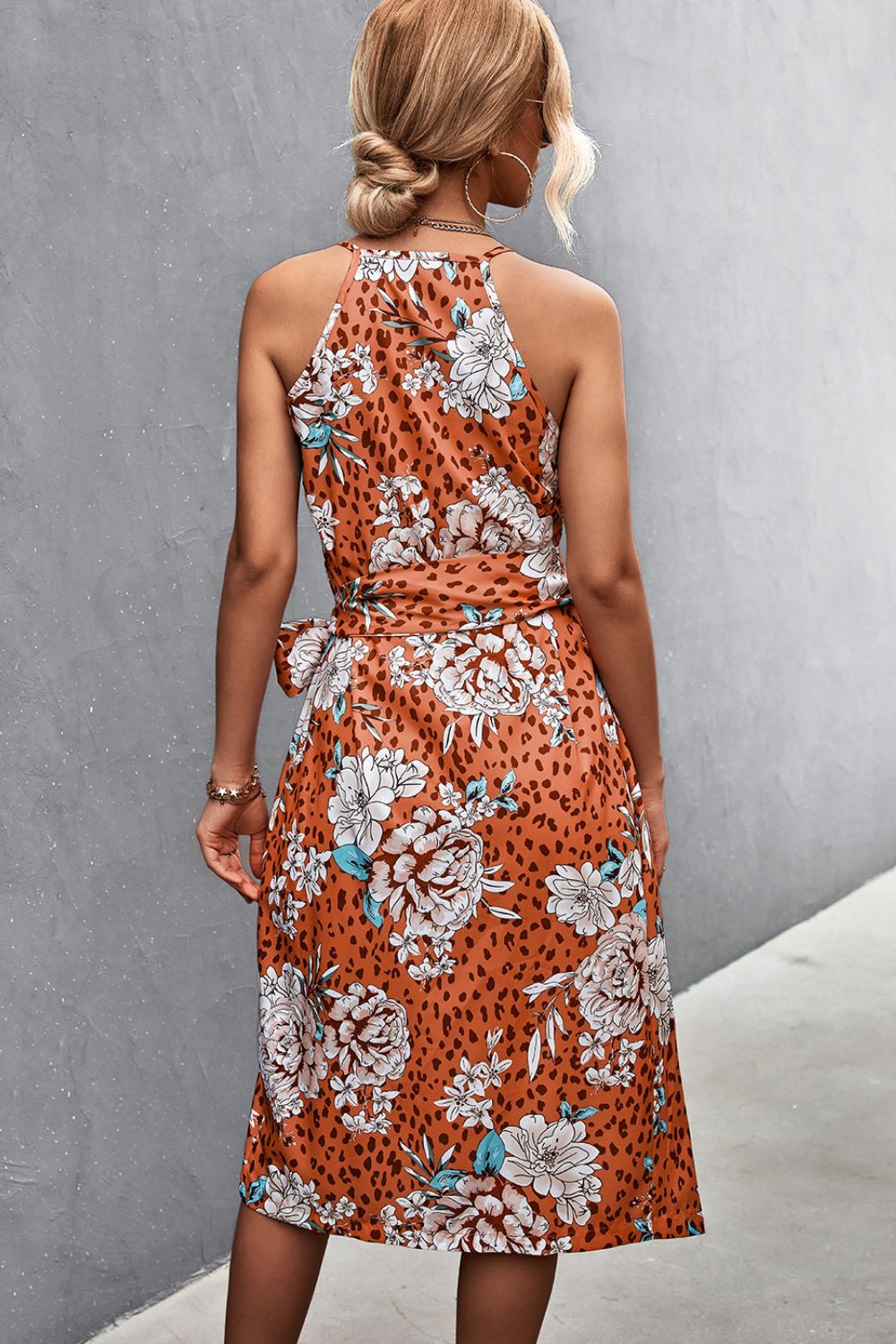 Printed Spaghetti Strap Tied Wrap Dress