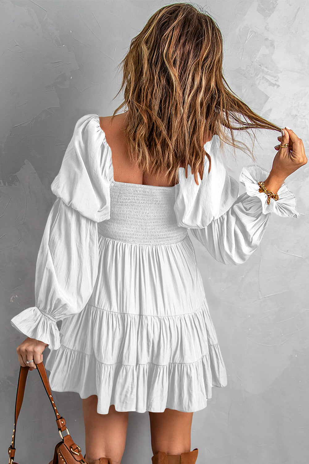 Smocked Off-Shoulder Tiered Mini Dress