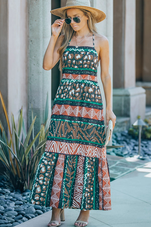 Mixed Print Halter Neck Maxi Dress