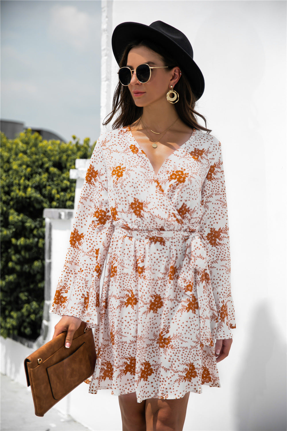 Floral Print Wrap V Neck dress