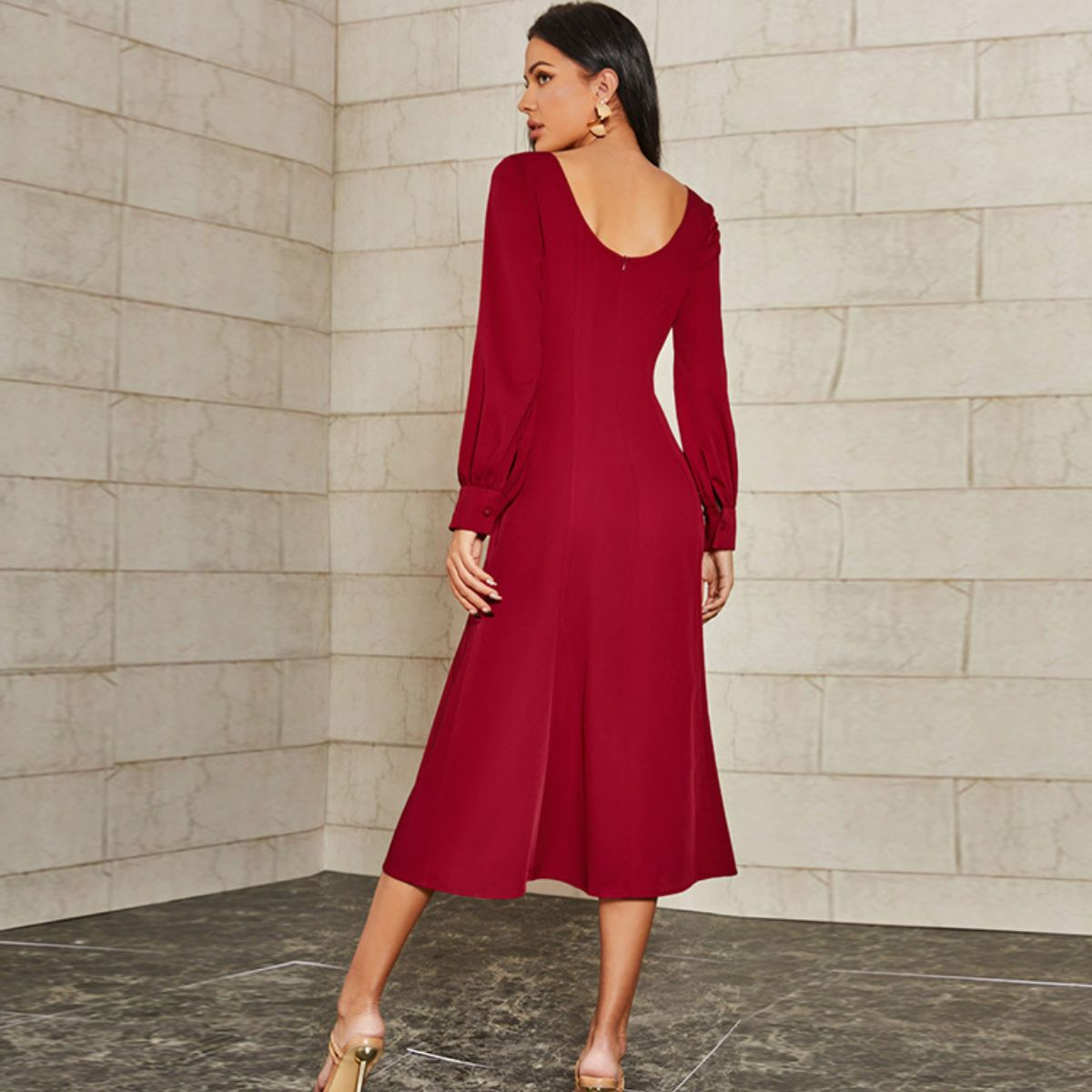 Plunge Bishop Sleeve Midi Dress