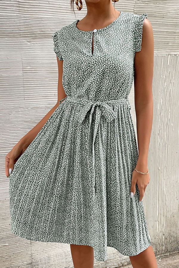 Printed Tie-Waist Flutter Sleeve Pleated Dress