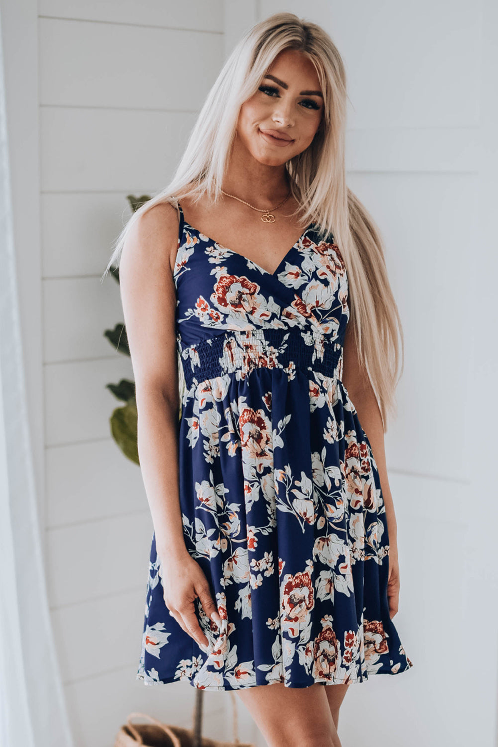 Surplice Floral Spaghetti Strap Smocked Mini Dress