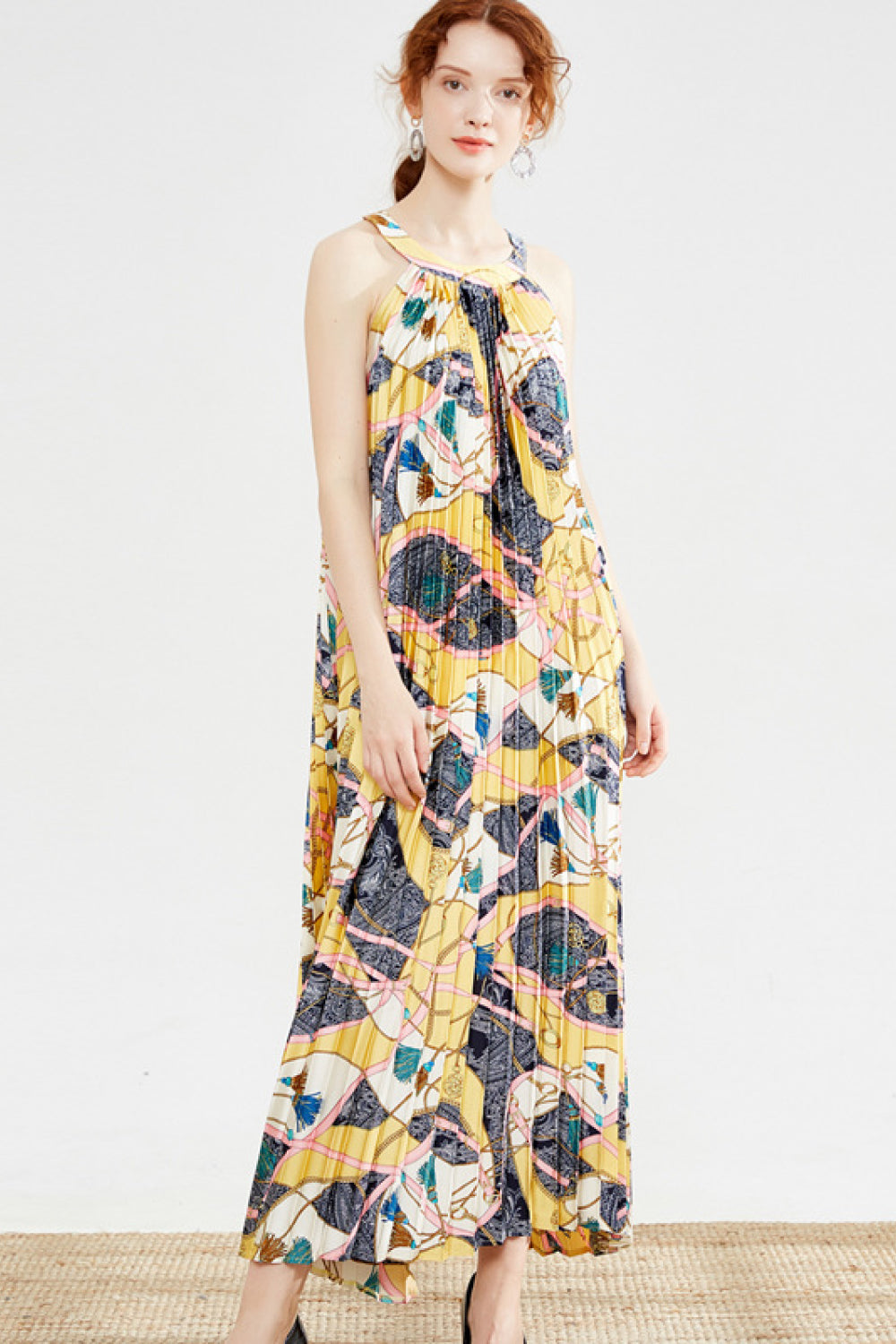 Printed Accordion Pleated Midi Dress