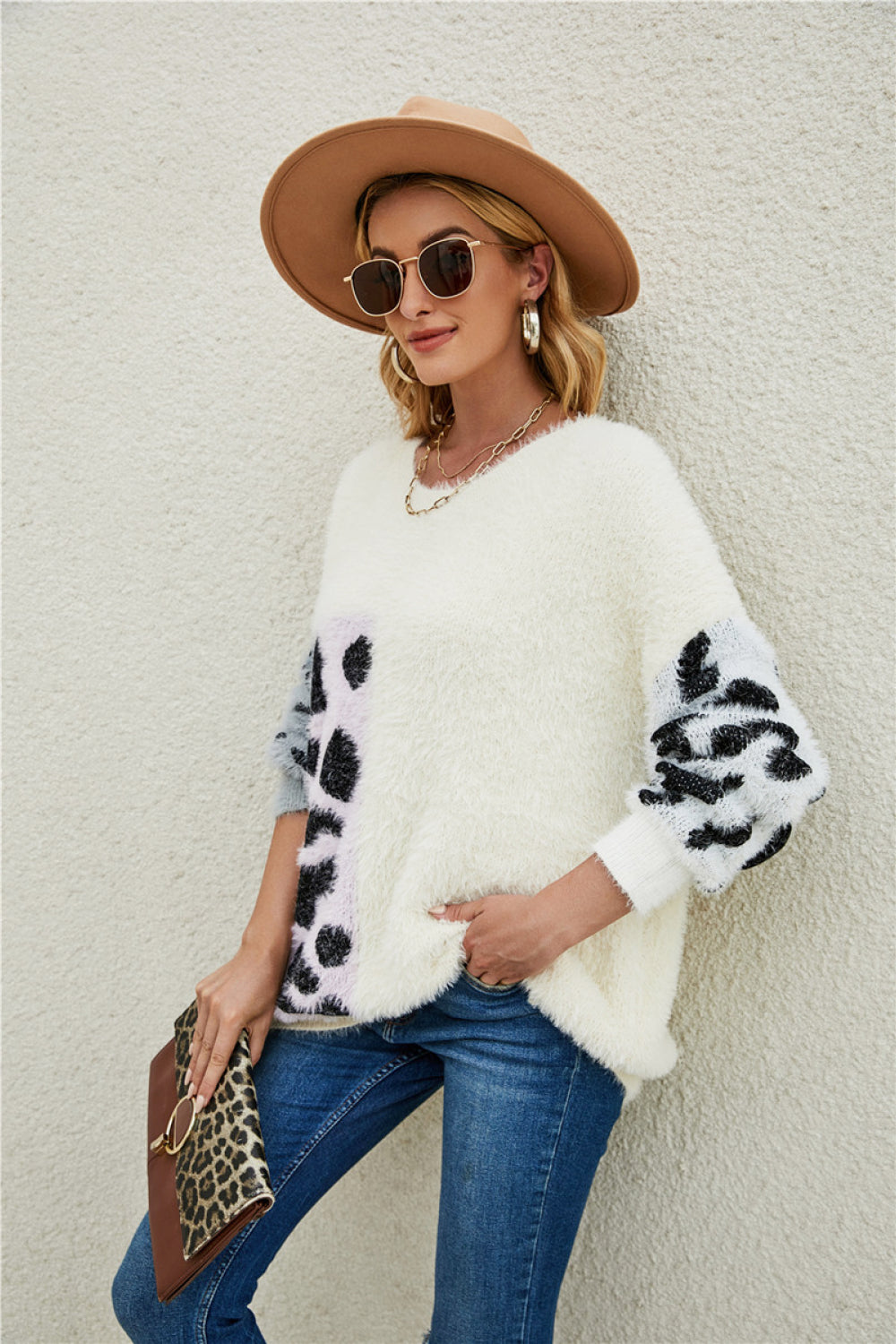 Fuzzy Mixed Print Pullover Sweater