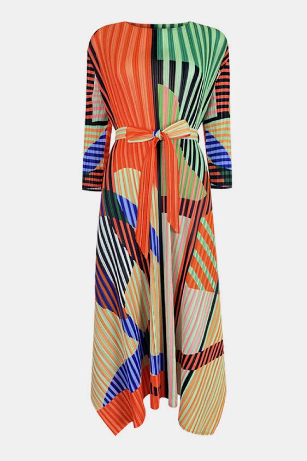 Mixed Print Accordion Pleated Belted Side Slit Dress