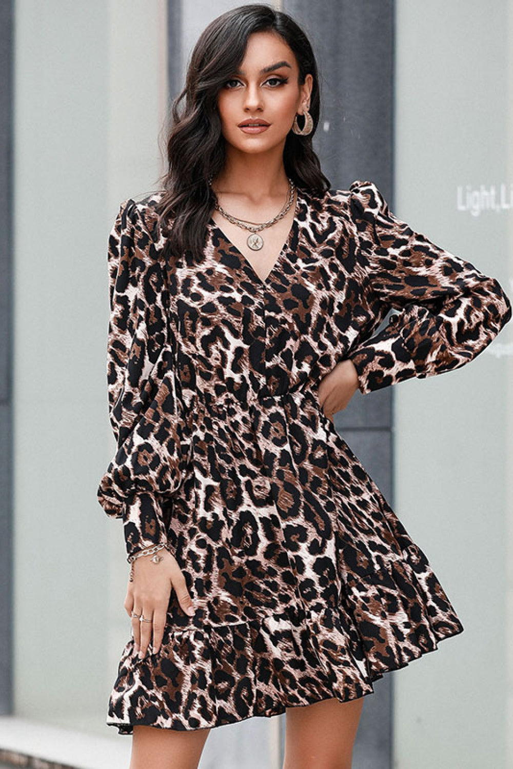 Leopard Print Bubble Sleeve Mini Dress