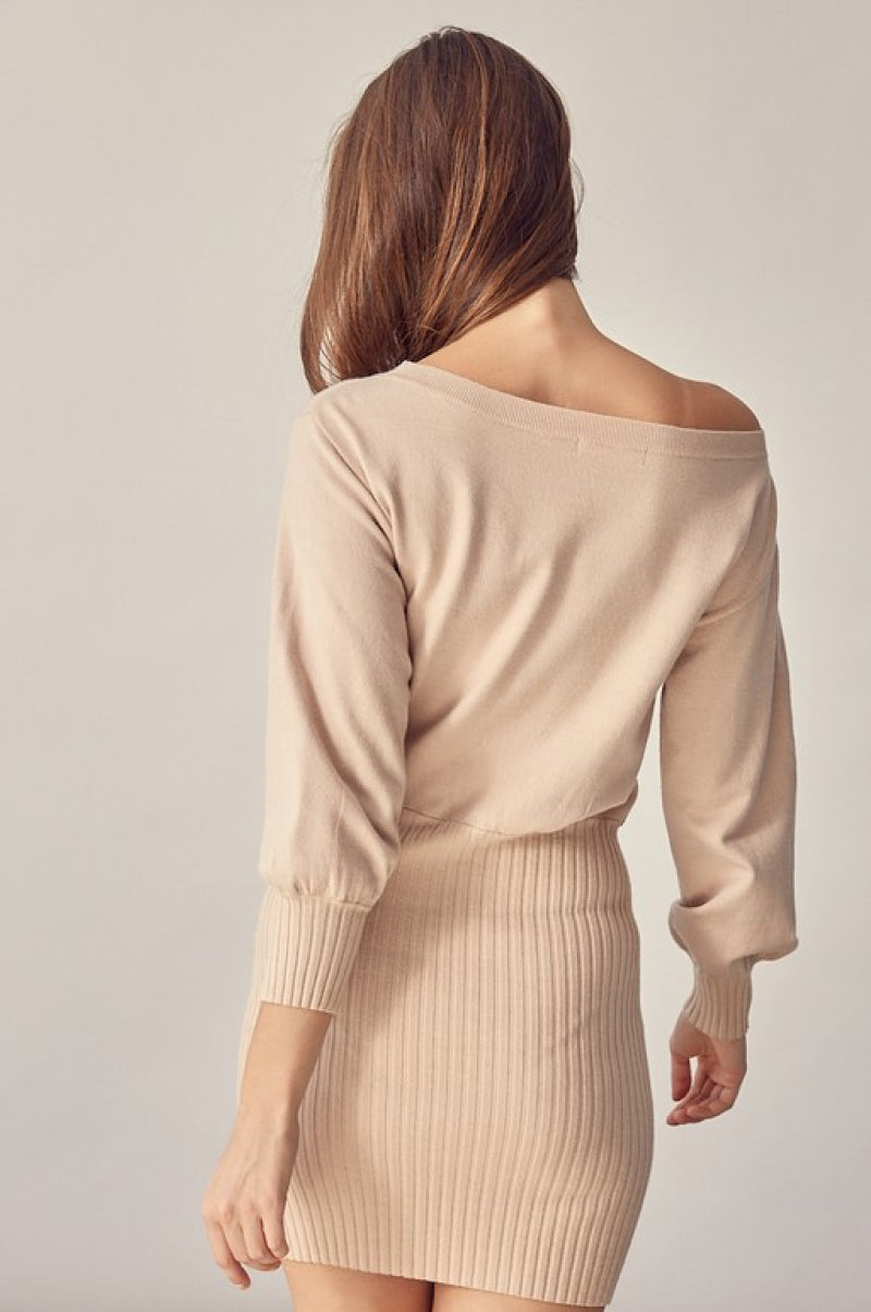 Off Shoulder Ribbed Sweater Dress