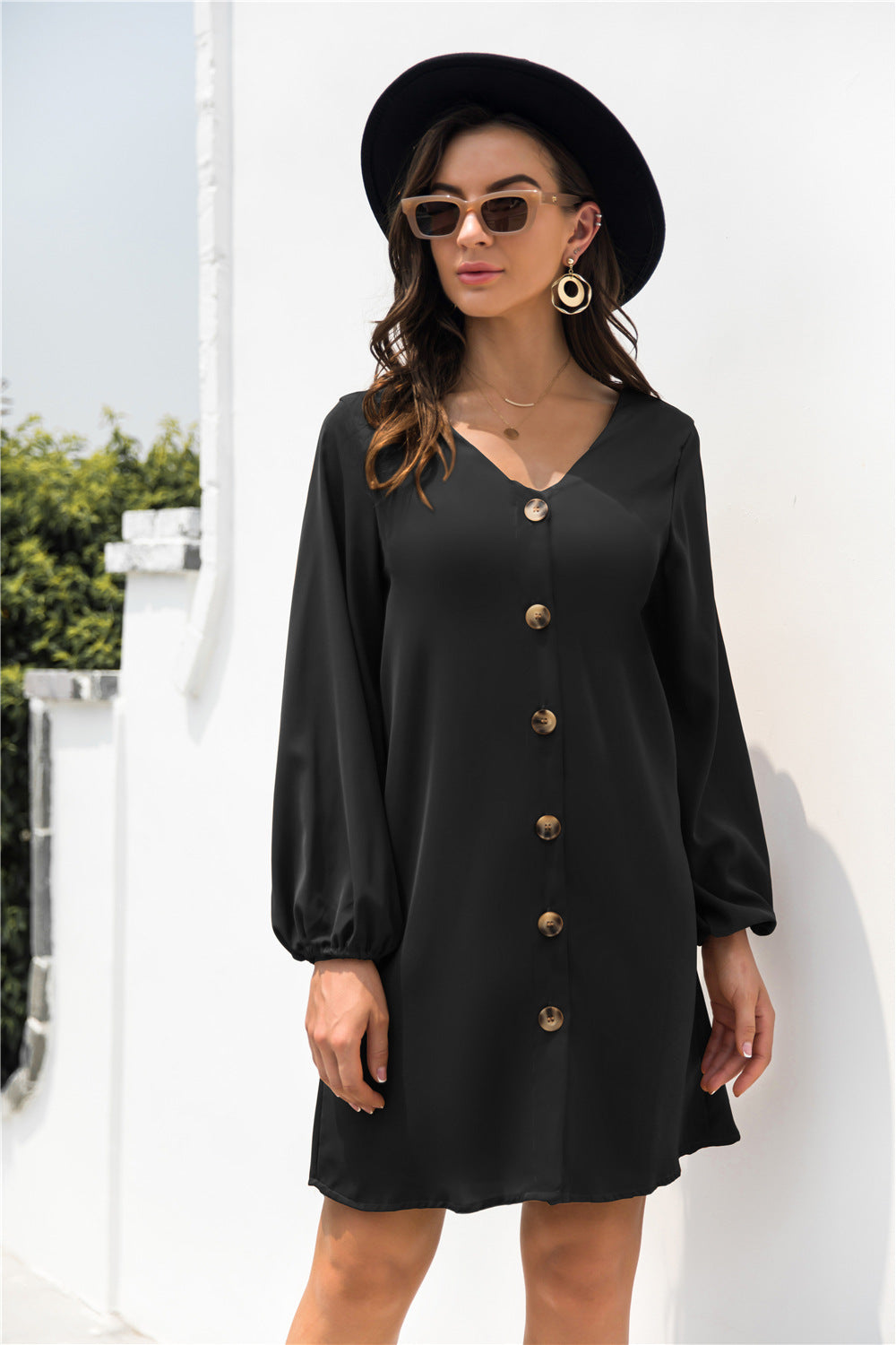 V Neck Button Through Smock Dress