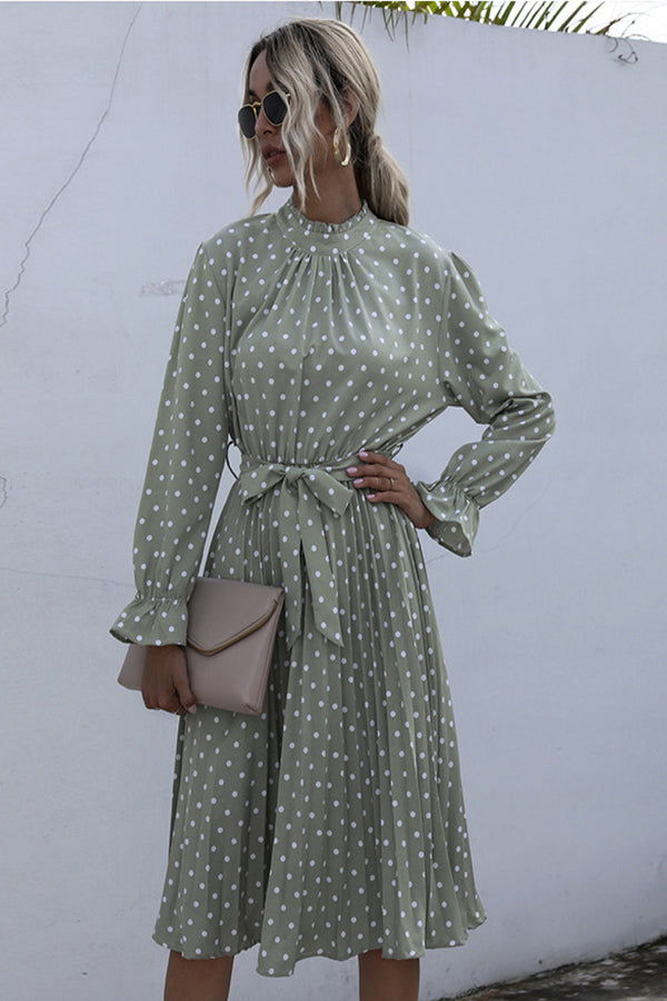 Polka Dot Pleated Dress With Belt