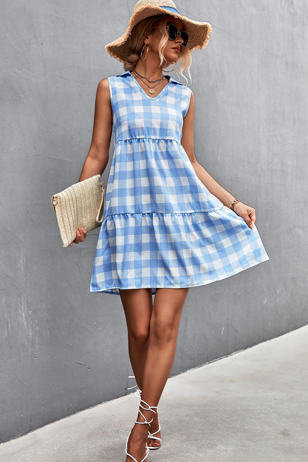 Plaid Tiered Sleeveless Johnny Collar Dress