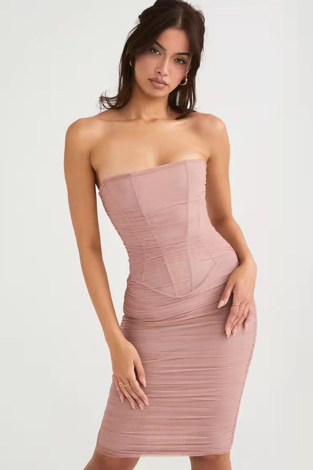 Ruched Strapless Zip-Back Bodycon Dress