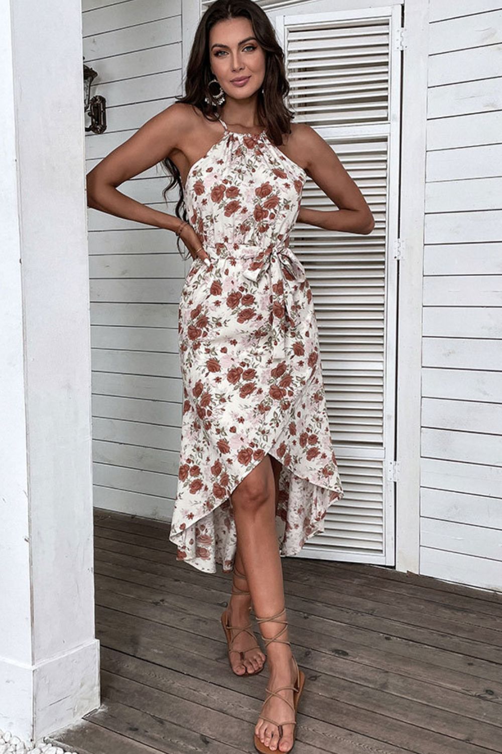 Floral Belted Tulip Hem Sleeveless Dress