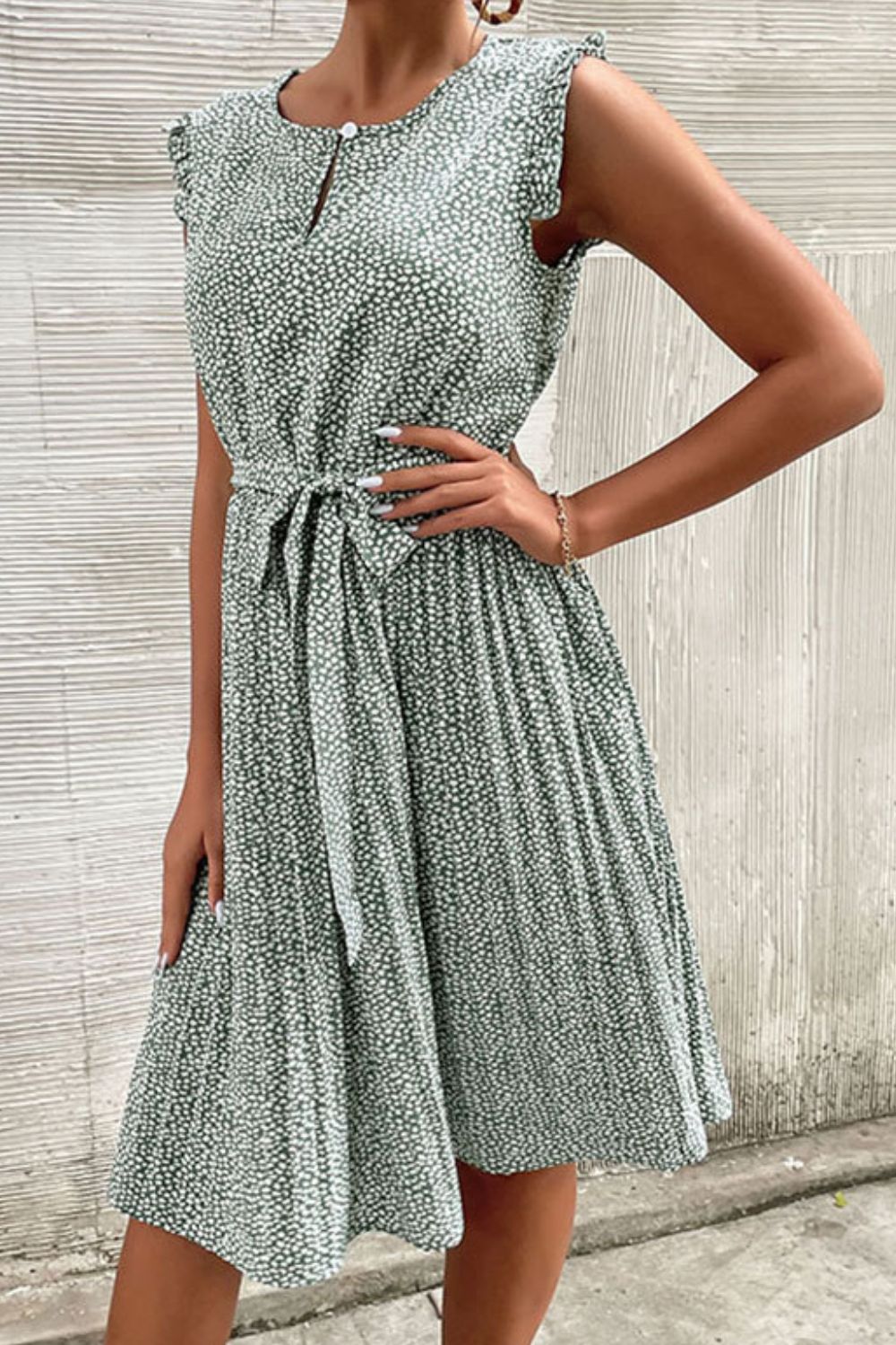 Printed Tie-Waist Flutter Sleeve Pleated Dress