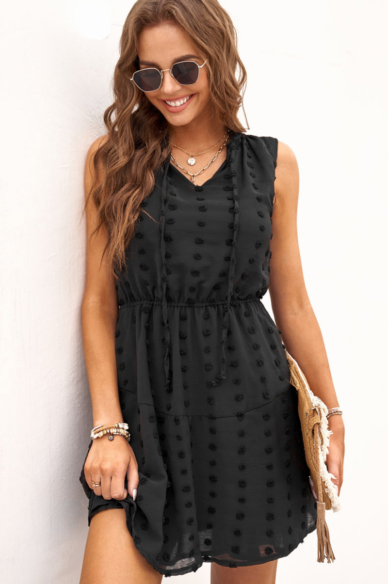 Split Neck Pom Pom Textured Flowy Dress