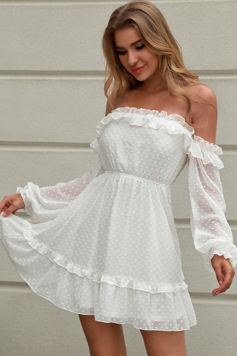 Swiss Dot Off-Shoulder Frill Trim A-Line Dress