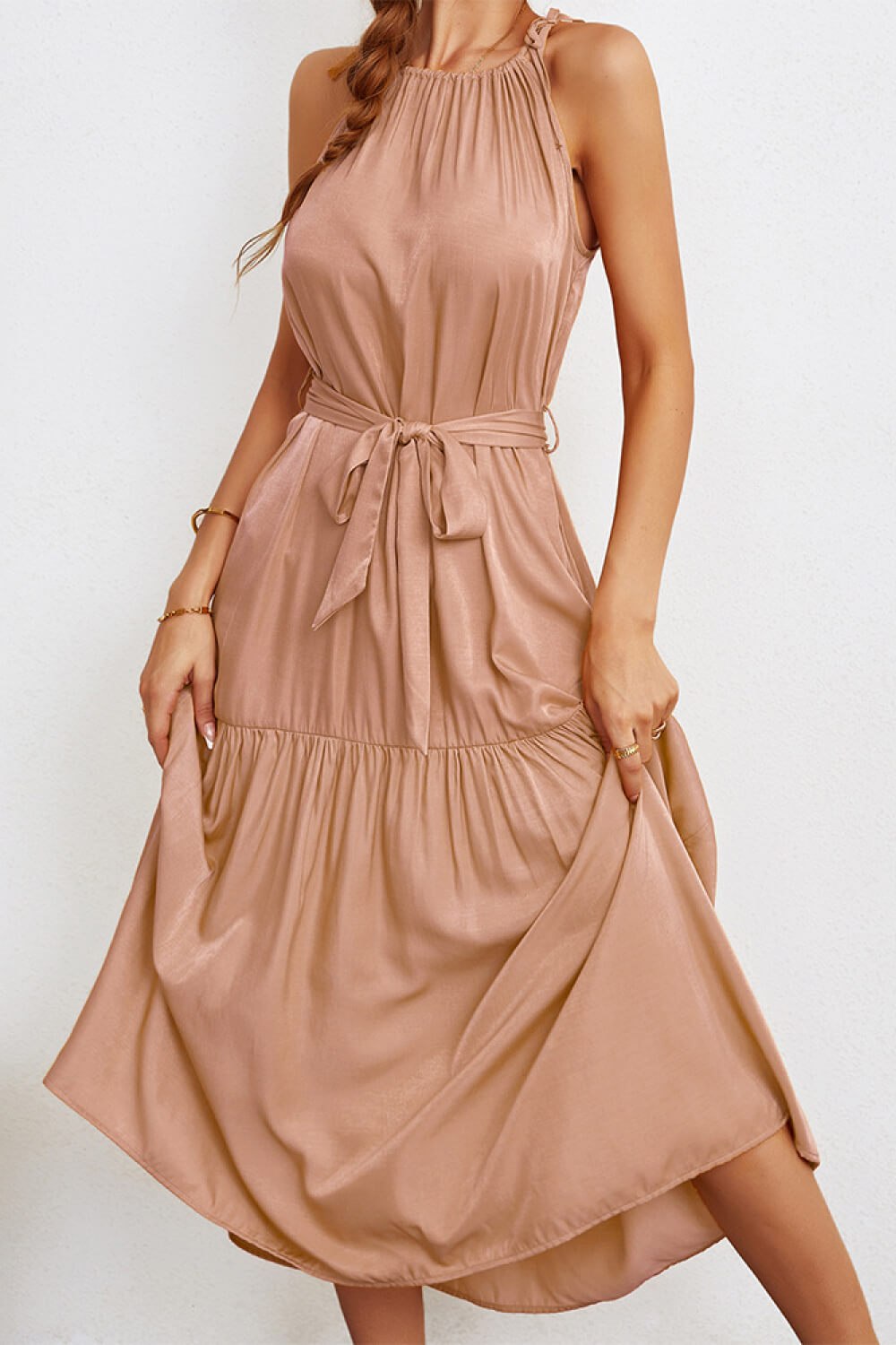 Tie-Waist Sleeveless Ruffle Hem Maxi Dress