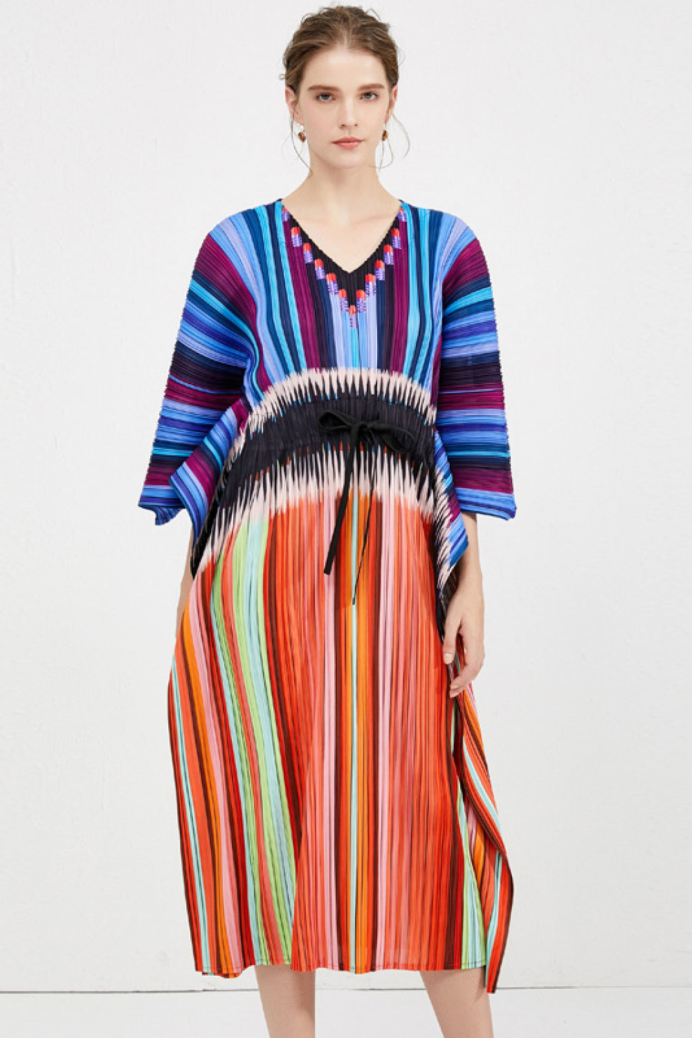 Mixed Stripes Accordion Pleated Dolman Sleeve Midi Dress