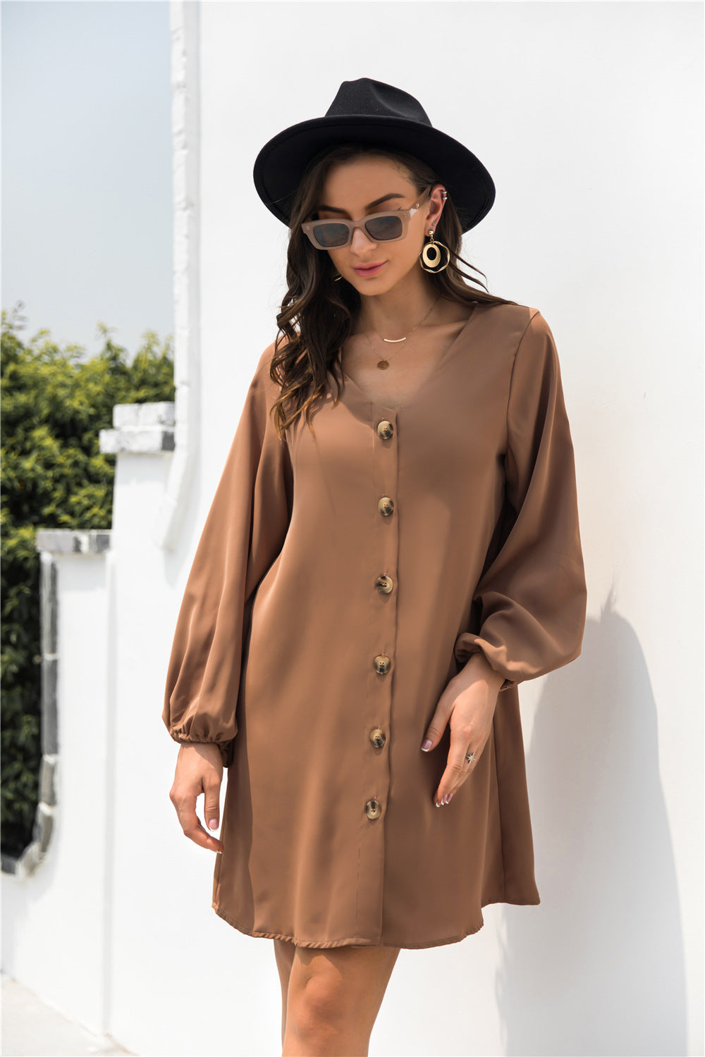 V Neck Button Through Smock Dress