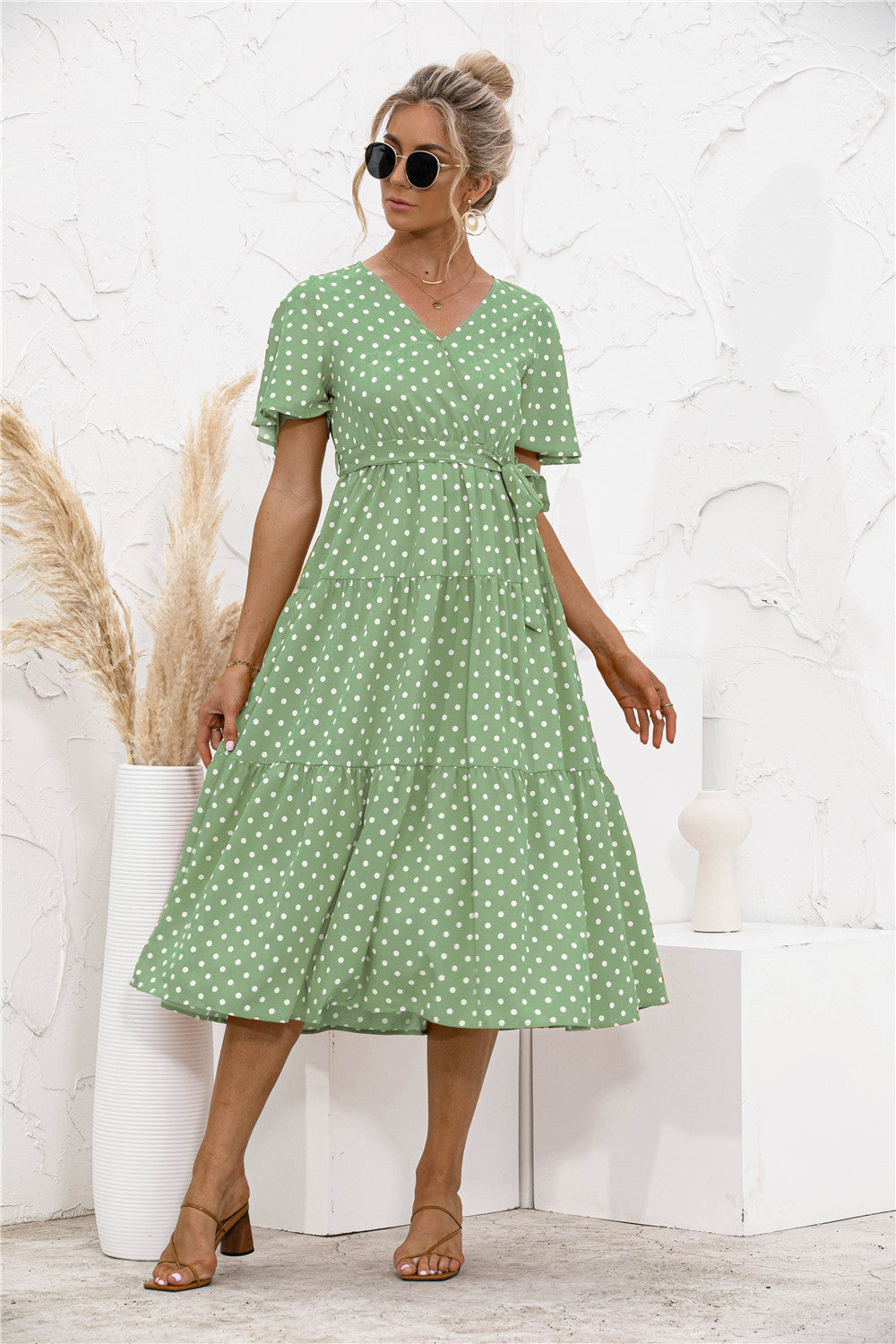 Polka Dot V Neck Belted Dress