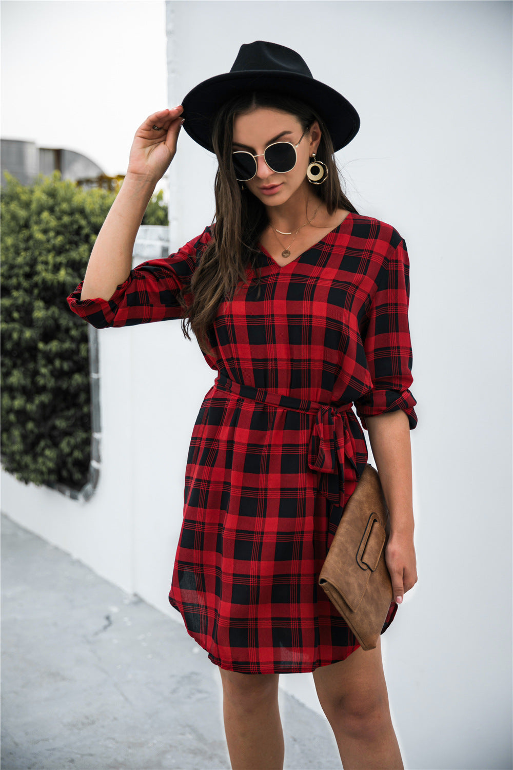 Gingham Tie Waist V Neck Dress