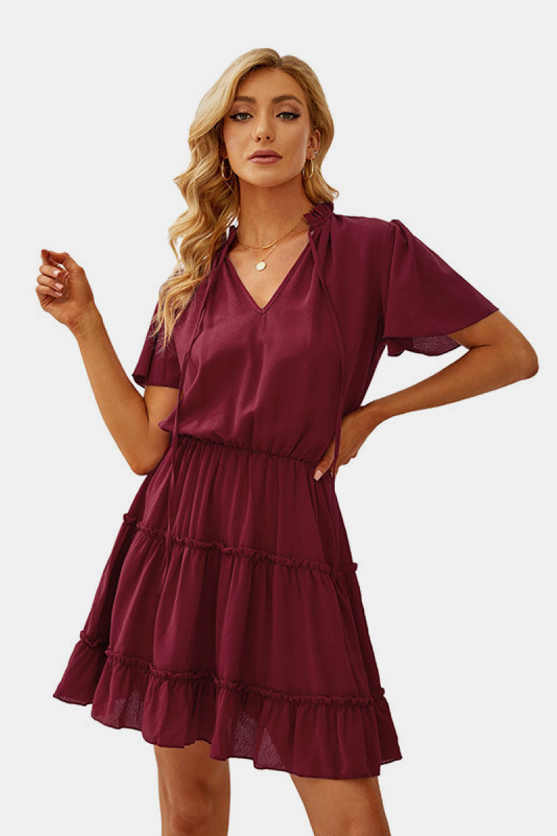 Tie Neck Ruffle Hem Tiered Dress