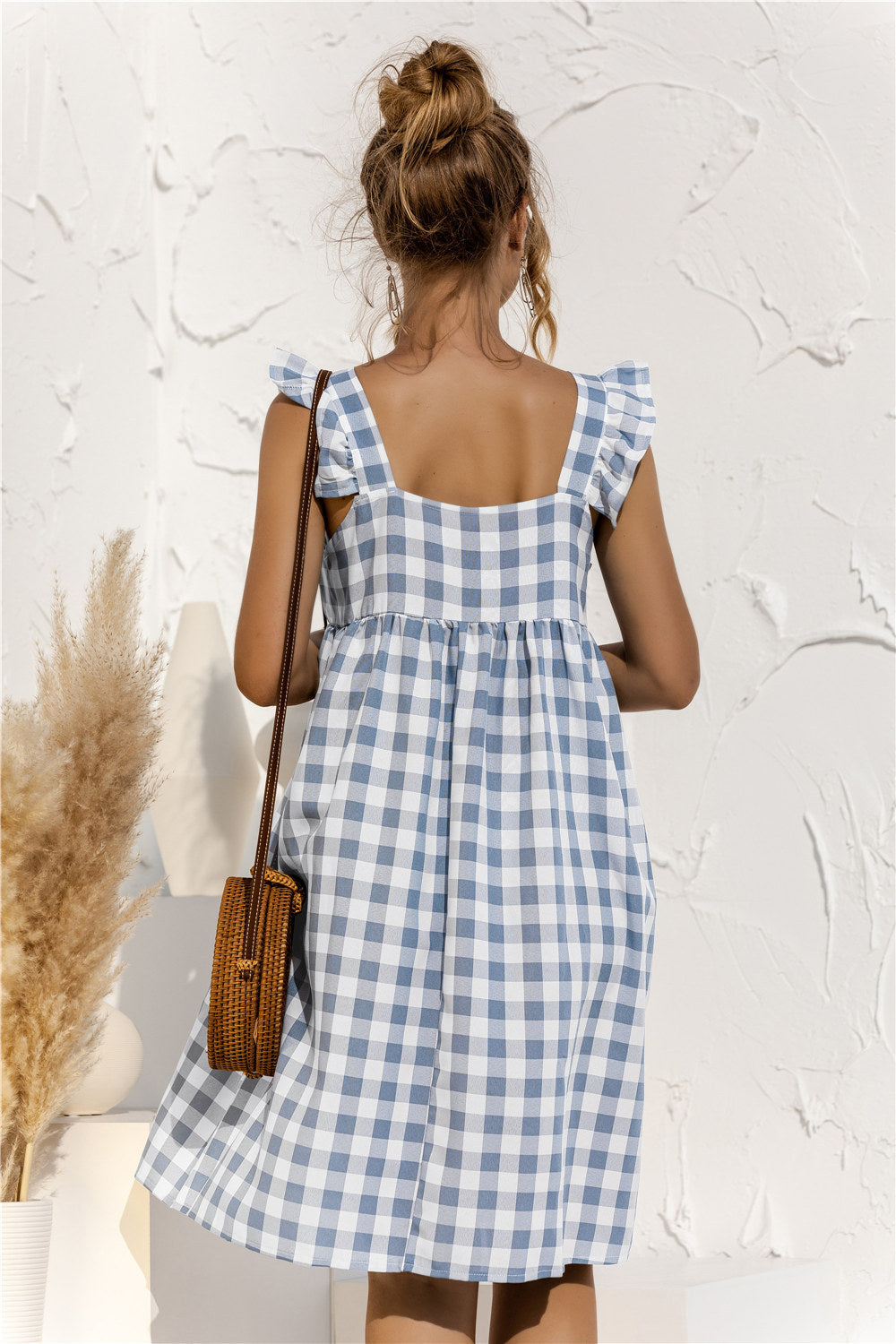 Plaid Ruffle Sleeve Square Neck Dress