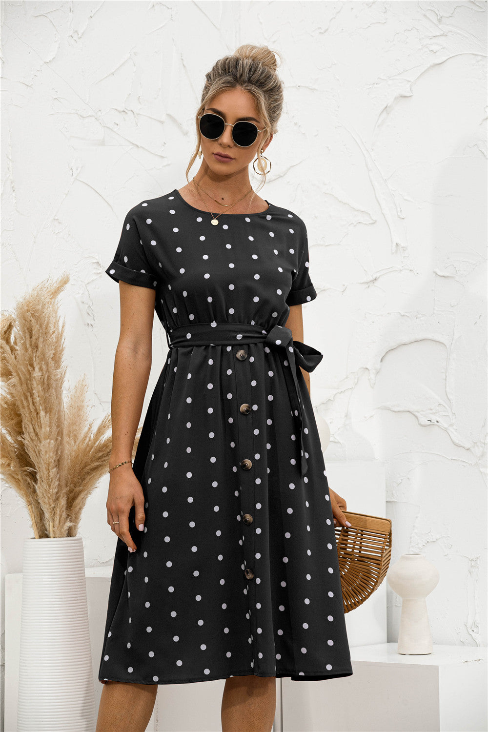 Polka Dot Button down Belted Dress